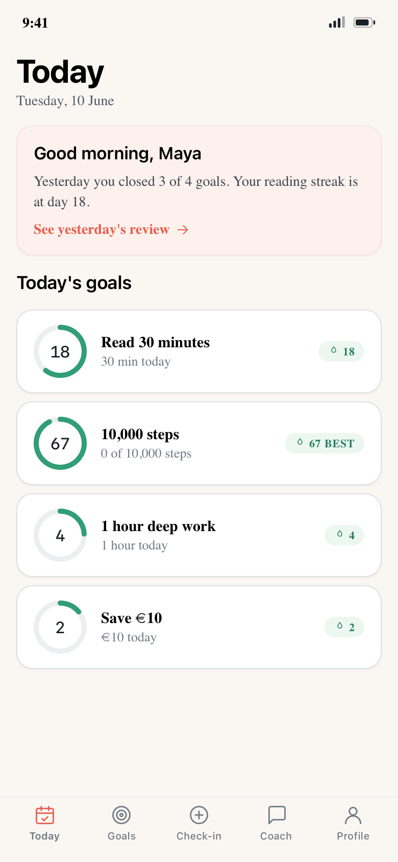 Pace Today screen — consumer mobile